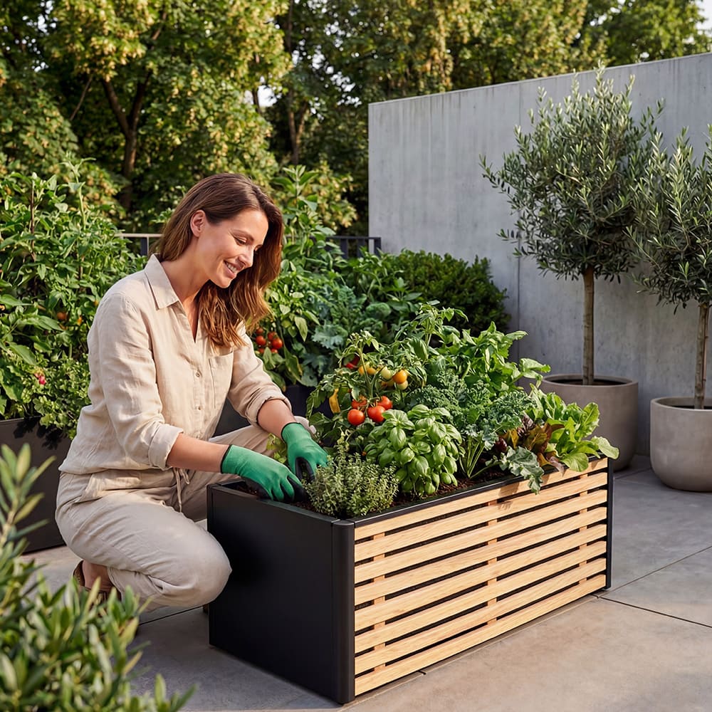 Living S — Design-Hochbeet aus Stahl und Kiefer