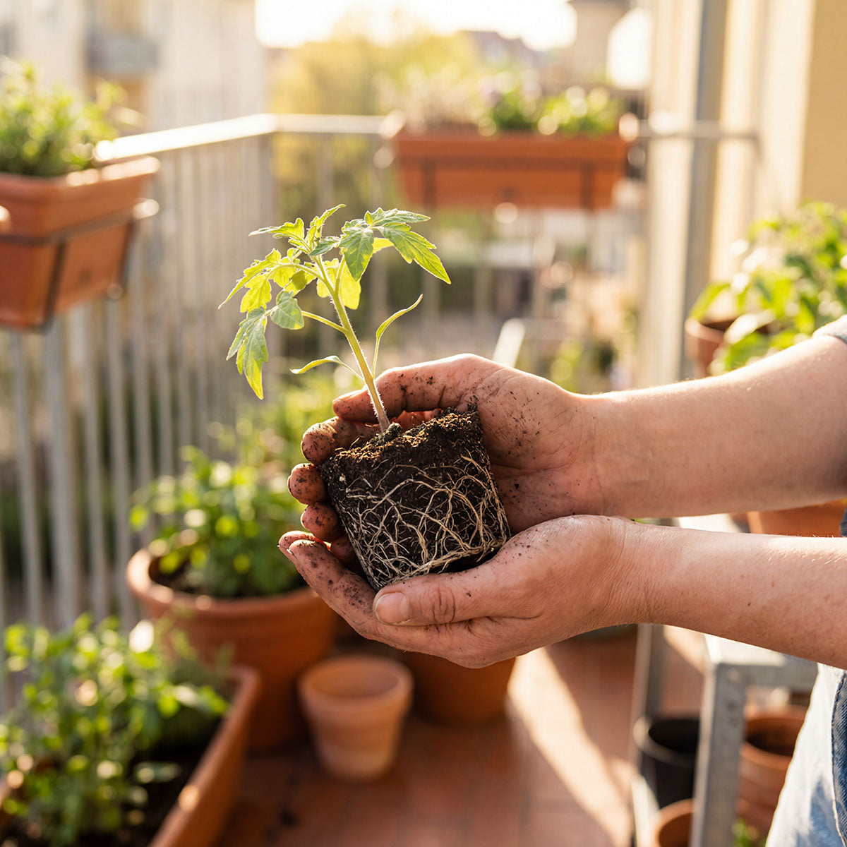 Hände halten einen kräftigen Setzling mit Wurzelballen, sonniger Balkon im Hintergrund