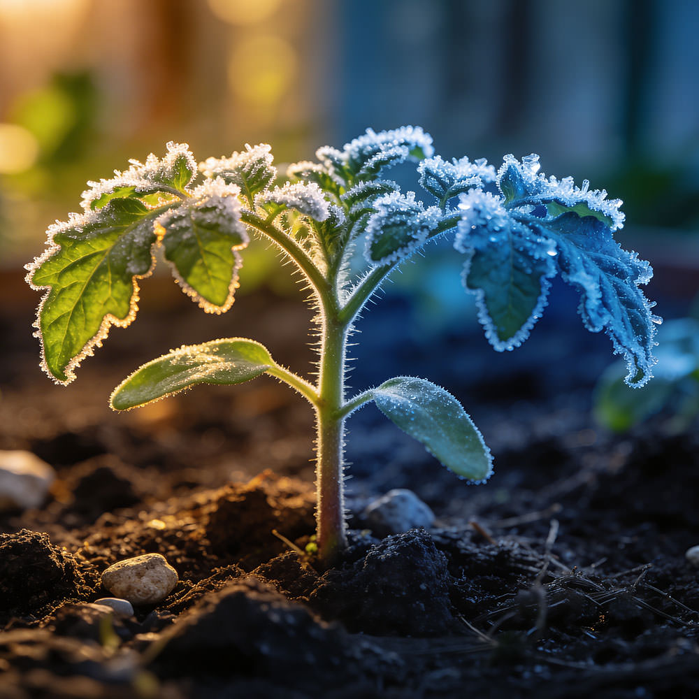 Eisheilige 2026 — Jungpflanze mit Frostkristallen an den Blatträndern