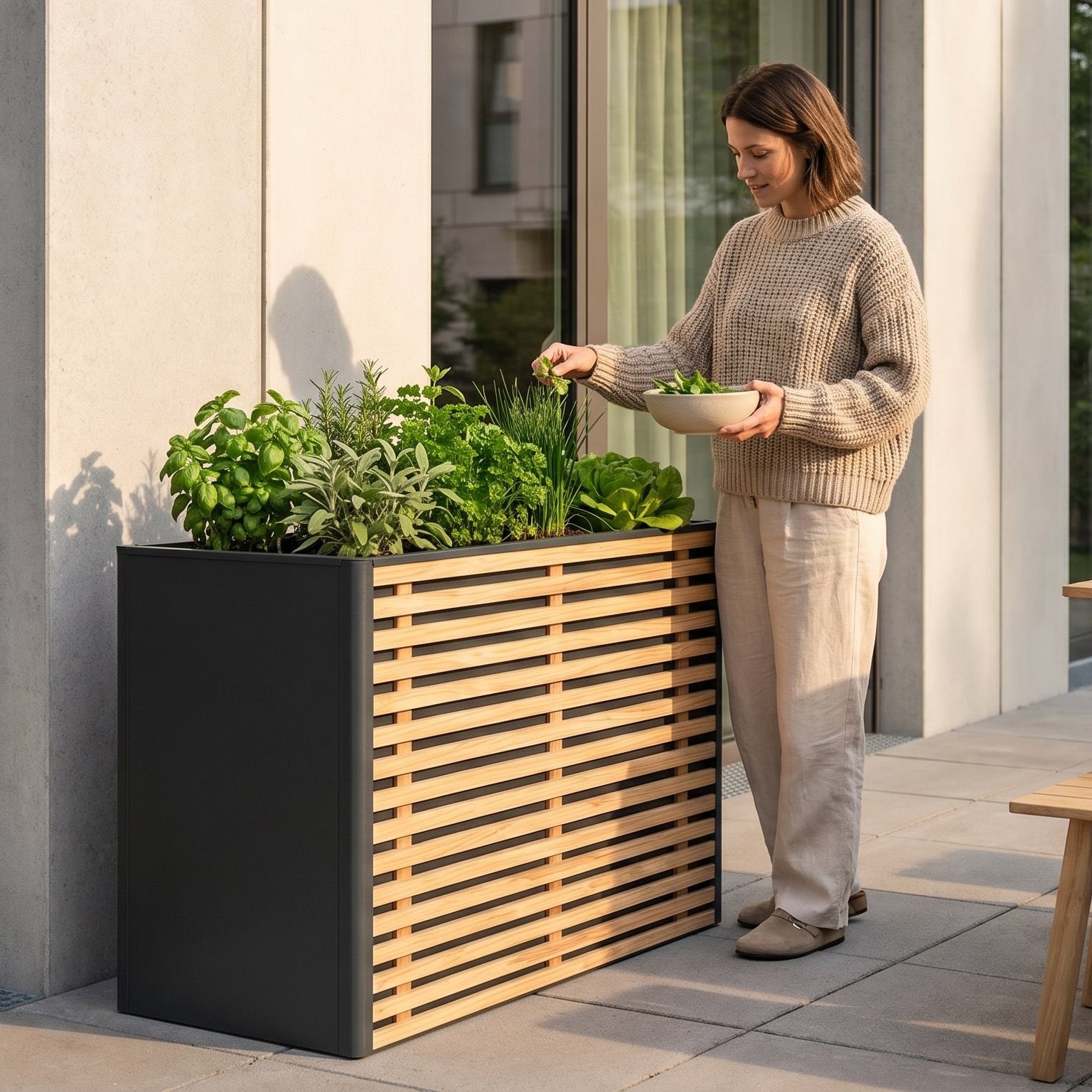 Living L — Design-Hochbeet aus Stahl und Kiefer