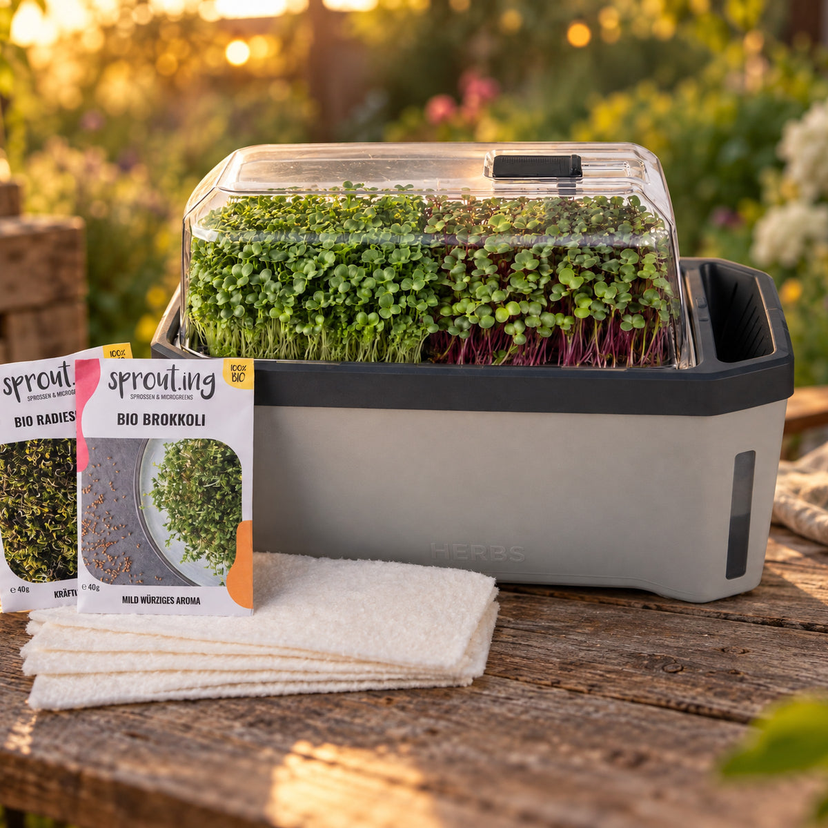 Microgreens Bundle auf dem Gartentisch im Abendlicht – Gartensaison verlängert