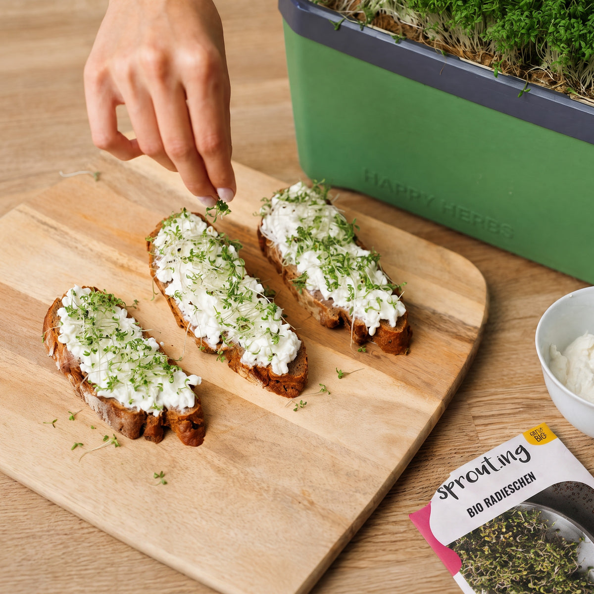 Brote mit Frischkäse und frisch geschnittenen Microgreens, dahinter HARRY HERBS